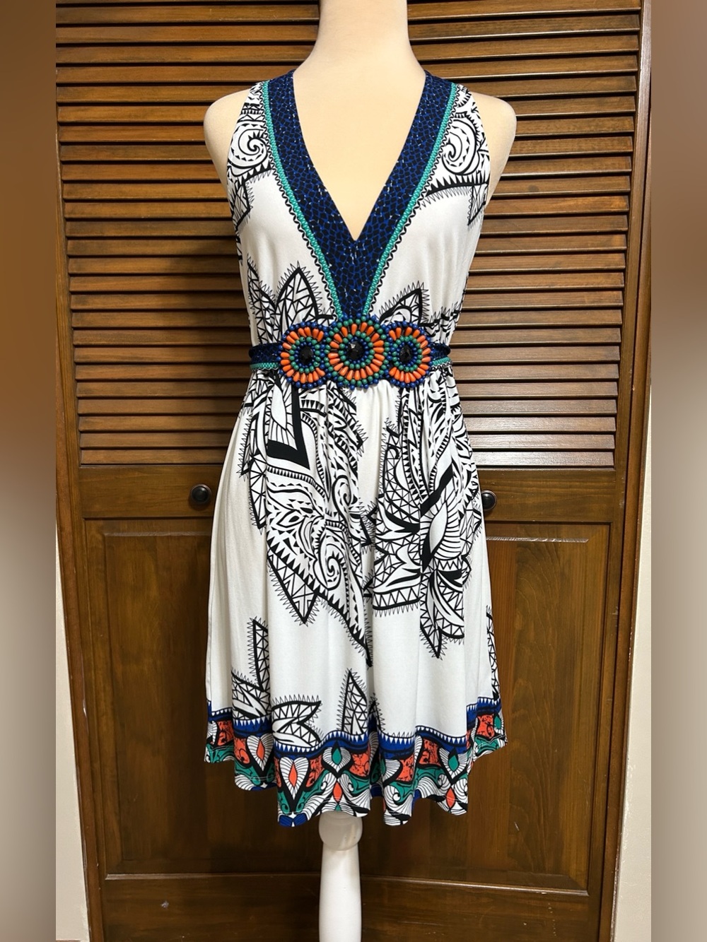 ECI NY White Halter Style Bold Graphic Pattern Beaded Belt Dress Size M